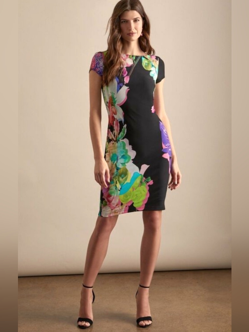 Joseph Ribkoff Black Midi Dress Bold Tropical Summer Feminine Floral White Pink